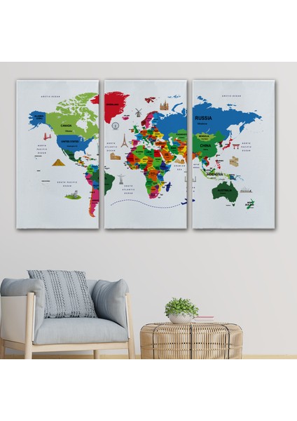Dünya Haritası Dekoratif Kanvas Tablo Ülke ve Başkentli Öğretici ve Sembollü 2331 modelleri