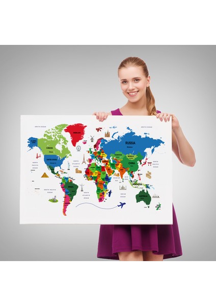 Dünya Haritası Dekoratif Kanvas Tablo Ülke ve Başkentli Öğretici ve Sembollü 2331 fırsatları
