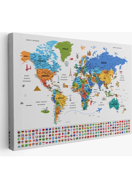 Türkçe Dünya Haritası Ayrıntılı Eğitici Sembollü Bayraklı Dekoratif Kanvas Tablo 2886