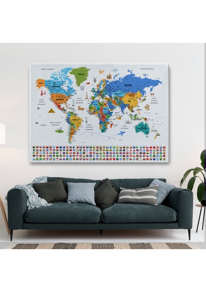 Türkçe Dünya Haritası Ayrıntılı Eğitici Sembollü Bayraklı Dekoratif Kanvas Tablo 2886 fiyatları