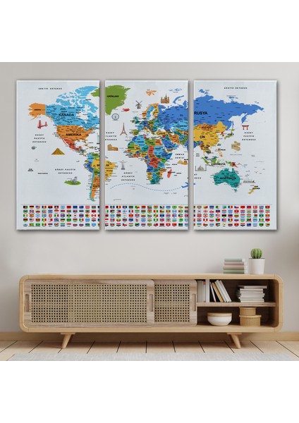 Türkçe Dünya Haritası Ayrıntılı Eğitici Sembollü Bayraklı Dekoratif Kanvas Tablo 2886 modelleri