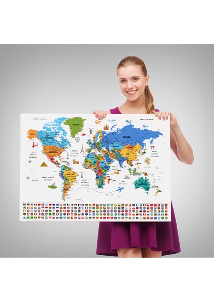 Türkçe Dünya Haritası Ayrıntılı Eğitici Sembollü Bayraklı Dekoratif Kanvas Tablo 2886 fırsatları
