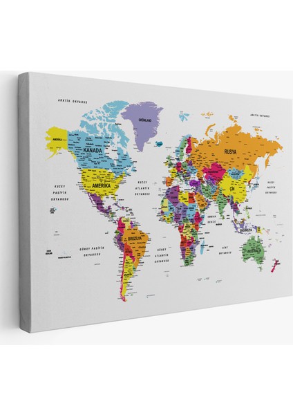 Türkçe Dünya Haritası Dekoratif Kanvas Tablo Son Derece Detaylı 1611
