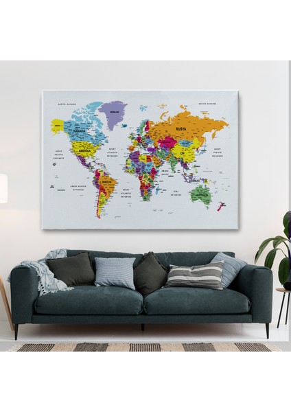 Türkçe Dünya Haritası Dekoratif Kanvas Tablo Son Derece Detaylı 1611 fiyatları