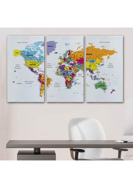 Türkçe Dünya Haritası Dekoratif Kanvas Tablo Son Derece Detaylı 1611 modelleri