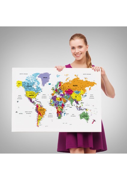 Türkçe Dünya Haritası Dekoratif Kanvas Tablo Son Derece Detaylı 1611 fırsatları