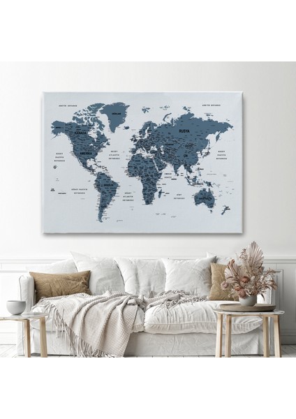 Türkçe Dünya Haritası Dekoratif Kanvas Tablo Son Derece Detaylı 1615 fiyatları