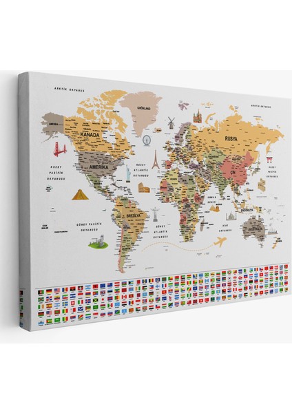 Türkçe Dünya Haritası Ayrıntılı Eğitici Sembollü Bayraklı Dekoratif Kanvas Tablo 2854