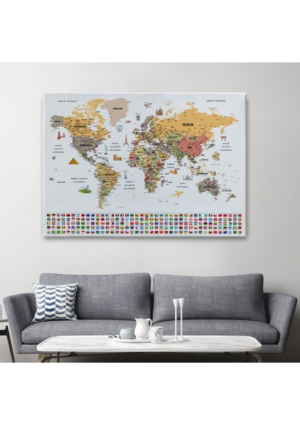 Türkçe Dünya Haritası Ayrıntılı Eğitici Sembollü Bayraklı Dekoratif Kanvas Tablo 2854 fiyatları