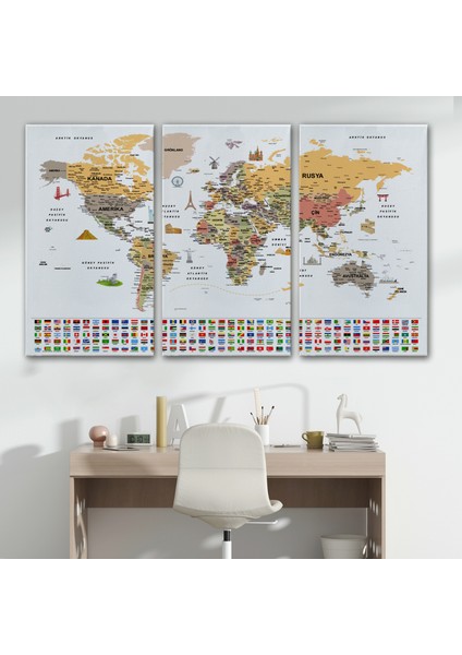 Türkçe Dünya Haritası Ayrıntılı Eğitici Sembollü Bayraklı Dekoratif Kanvas Tablo 2854 modelleri