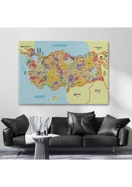 Türkiye Haritası Kanvas Tablo Il ve Ilçeli Ayrıntılı Eğitici Komşulu Tablo 3014 fiyatları