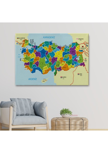 Türkiye Haritası Kanvas Tablo Il ve Ilçeli Ayrıntılı Eğitici Komşulu Tablo 3004 fiyatları