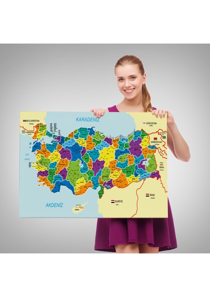 Türkiye Haritası Kanvas Tablo Il ve Ilçeli Ayrıntılı Eğitici Komşulu Tablo 3004 fırsatları