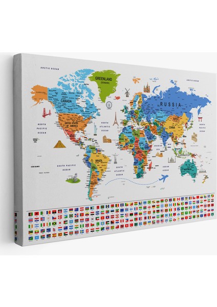 Dünya Haritası Ayrıntılı Eğitici Sembollü Bayraklı Dekoratif Kanvas Tablo 2885