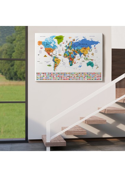 Dünya Haritası Ayrıntılı Eğitici Sembollü Bayraklı Dekoratif Kanvas Tablo 2885 indirimleri