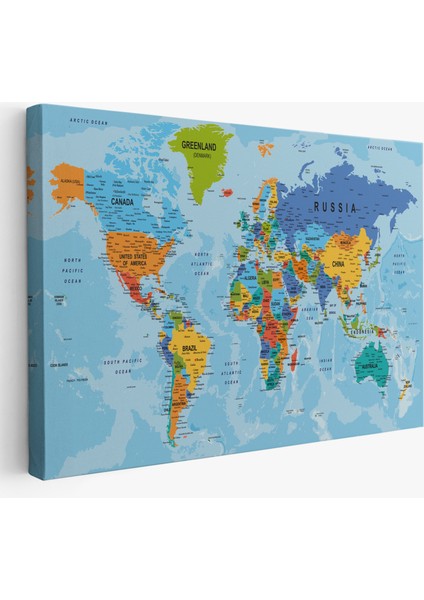 Dünya Haritası Kanvas Tablo Çok Ayrıntılı Dekoratif ve Okyanuslu 2189