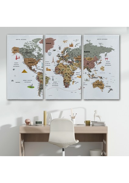 Türkçe Dünya Haritası Son Derece Ayrıntılı Eğitici ve Sembollü Kanvas Tablo 3226 modelleri