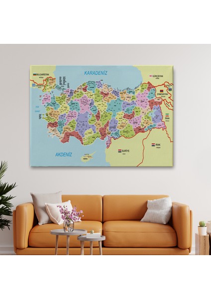 Türkiye Haritası Kanvas Tablo Il ve Ilçeli Ayrıntılı Eğitici Komşulu Tablo 3011 fiyatları