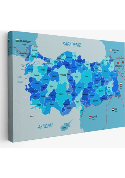 Türkiye Haritası Kanvas Tablo Sınır Komşulu Eğitici Dekoratif Tablo 3086