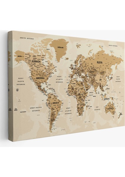 Türkçe Dünya Haritası Son Derece Ayrıntılı Eğitici Okyanuslu Kanvas Tablo 2544