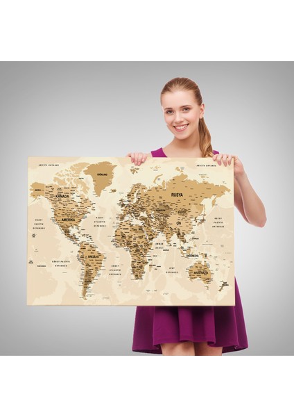 Türkçe Dünya Haritası Son Derece Ayrıntılı Eğitici Okyanuslu Kanvas Tablo 2544 fırsatları
