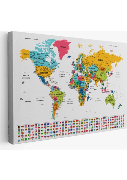 Türkçe Dünya Haritası Son Derece Ayrıntılı Eğitici ve Bayraklı Kanvas Tablo 2797
