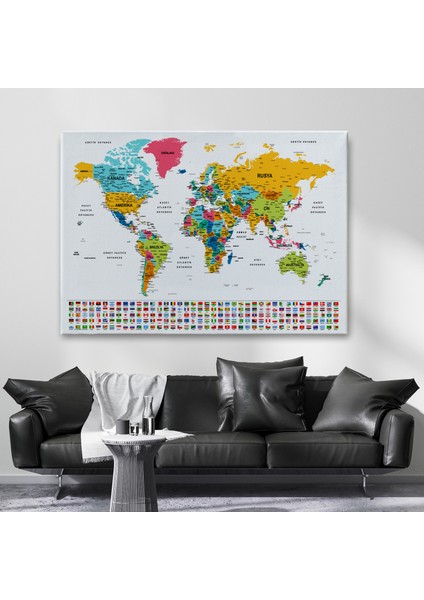 Türkçe Dünya Haritası Son Derece Ayrıntılı Eğitici ve Bayraklı Kanvas Tablo 2797 fiyatları