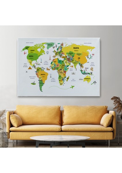 Türkçe Dünya Haritası Dekoratif Kanvas Tablo Ülke-Başkentli Öğretici ve Sembollü 2324 fiyatları
