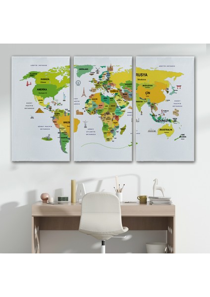 Türkçe Dünya Haritası Dekoratif Kanvas Tablo Ülke-Başkentli Öğretici ve Sembollü 2324 modelleri