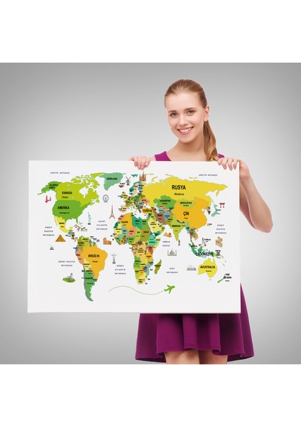 Türkçe Dünya Haritası Dekoratif Kanvas Tablo Ülke-Başkentli Öğretici ve Sembollü 2324 fırsatları