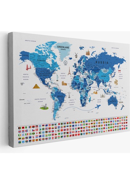 Dünya Haritası Ayrıntılı Eğitici Sembollü Bayraklı Dekoratif Kanvas Tablo 2829