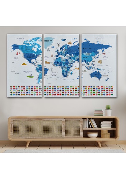 Dünya Haritası Ayrıntılı Eğitici Sembollü Bayraklı Dekoratif Kanvas Tablo 2829 modelleri