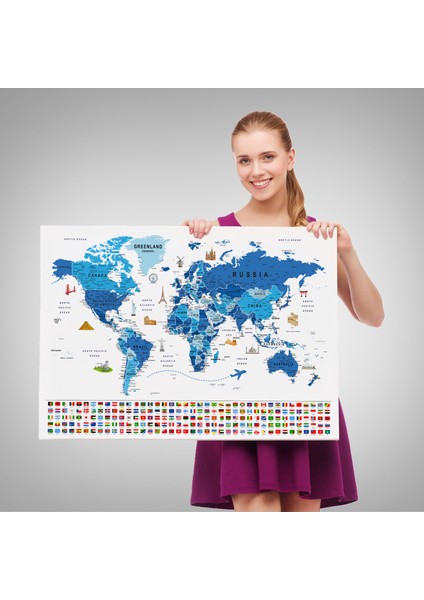 Dünya Haritası Ayrıntılı Eğitici Sembollü Bayraklı Dekoratif Kanvas Tablo 2829 fırsatları