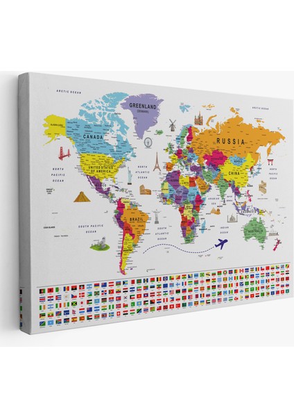 Dünya Haritası Ayrıntılı Eğitici Sembollü Bayraklı Dekoratif Kanvas Tablo 2833