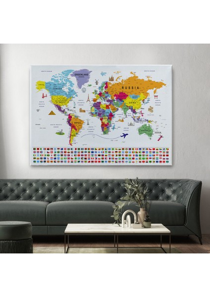 Dünya Haritası Ayrıntılı Eğitici Sembollü Bayraklı Dekoratif Kanvas Tablo 2833 fiyatları