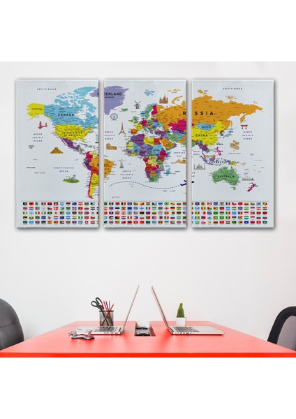 Dünya Haritası Ayrıntılı Eğitici Sembollü Bayraklı Dekoratif Kanvas Tablo 2833 modelleri