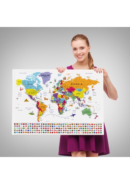 Dünya Haritası Ayrıntılı Eğitici Sembollü Bayraklı Dekoratif Kanvas Tablo 2833 fırsatları