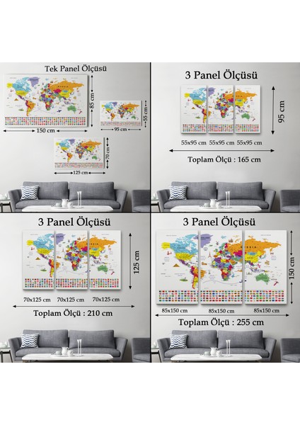 Dünya Haritası Ayrıntılı Eğitici Sembollü Bayraklı Dekoratif Kanvas Tablo 2833 indirimleri