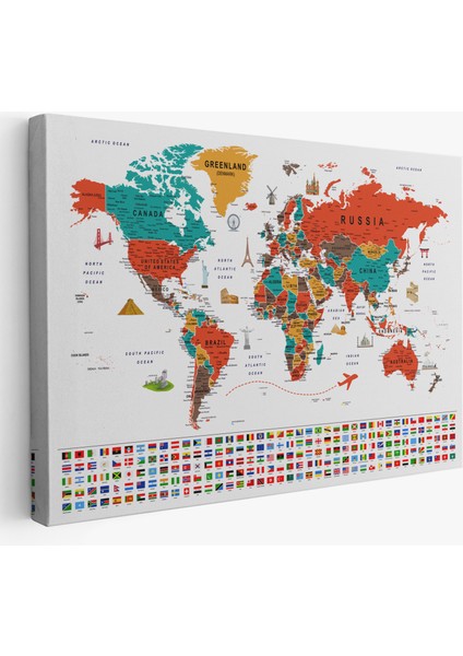 Dünya Haritası Ayrıntılı Eğitici Sembollü Bayraklı Dekoratif Kanvas Tablo 2843