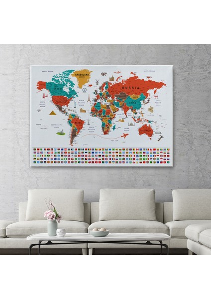 Dünya Haritası Ayrıntılı Eğitici Sembollü Bayraklı Dekoratif Kanvas Tablo 2843 fiyatları