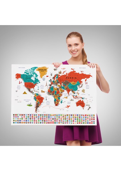 Dünya Haritası Ayrıntılı Eğitici Sembollü Bayraklı Dekoratif Kanvas Tablo 2843 fırsatları