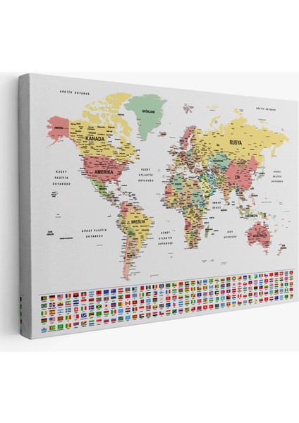 Türkçe Dünya Haritası Son Derece Ayrıntılı Eğitici ve Bayraklı Kanvas Tablo 2793