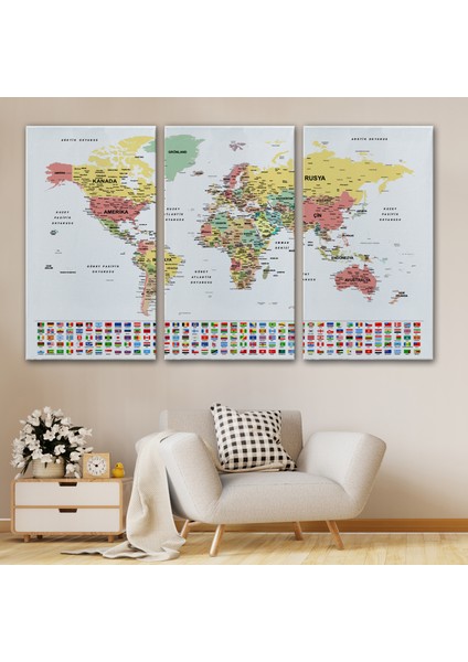 Türkçe Dünya Haritası Son Derece Ayrıntılı Eğitici ve Bayraklı Kanvas Tablo 2793 modelleri