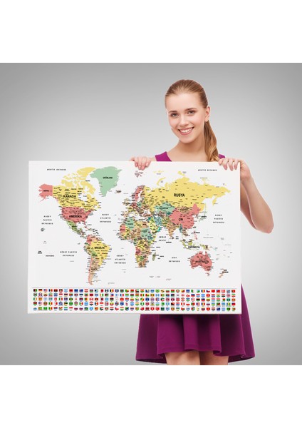 Türkçe Dünya Haritası Son Derece Ayrıntılı Eğitici ve Bayraklı Kanvas Tablo 2793 fırsatları