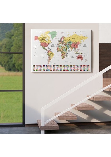 Türkçe Dünya Haritası Son Derece Ayrıntılı Eğitici ve Bayraklı Kanvas Tablo 2793 indirimleri