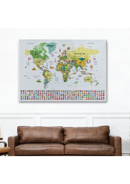 Dünya Haritası Ayrıntılı Eğitici Sembollü Bayraklı Dekoratif Kanvas Tablo 2847 fiyatları