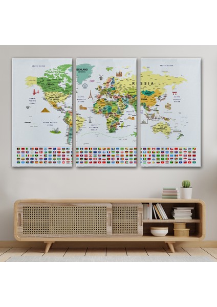 Dünya Haritası Ayrıntılı Eğitici Sembollü Bayraklı Dekoratif Kanvas Tablo 2847 modelleri