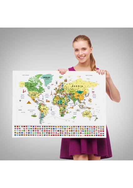 Dünya Haritası Ayrıntılı Eğitici Sembollü Bayraklı Dekoratif Kanvas Tablo 2847 fırsatları