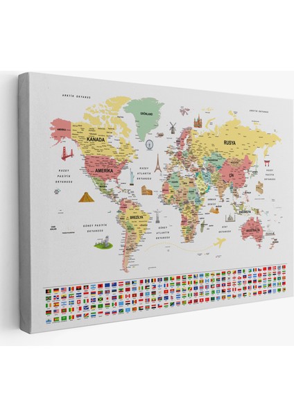 Türkçe Dünya Haritası Ayrıntılı Eğitici Sembollü Bayraklı Dekoratif Kanvas Tablo 2864