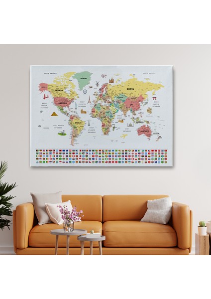 Türkçe Dünya Haritası Ayrıntılı Eğitici Sembollü Bayraklı Dekoratif Kanvas Tablo 2864 fiyatları